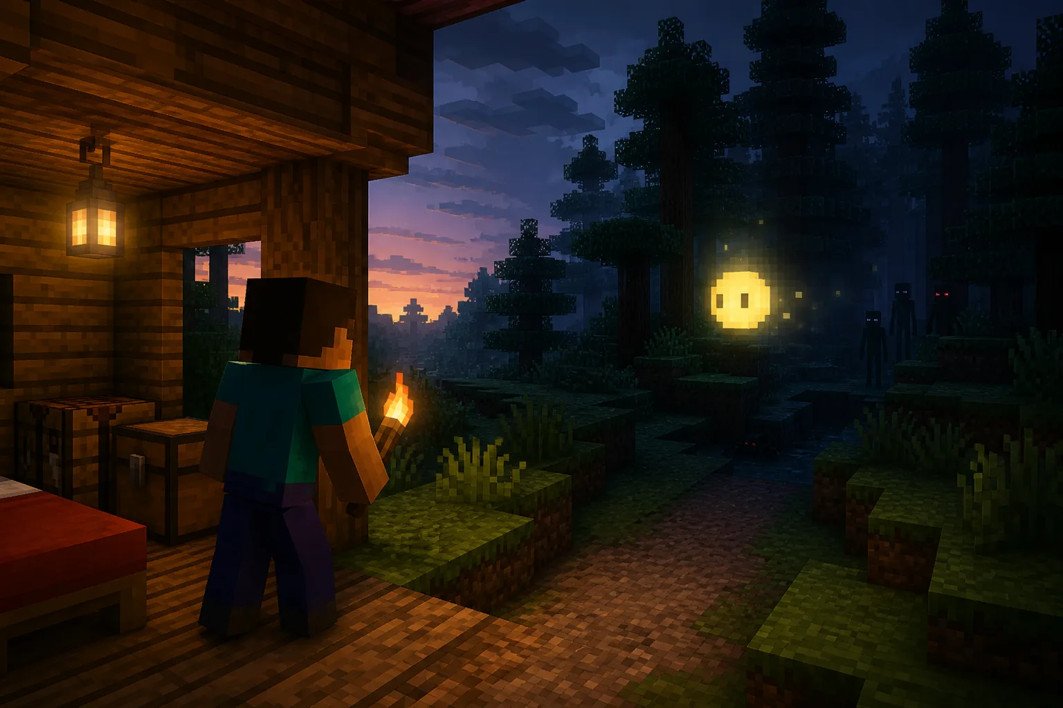 Conceptual illustration of a Minecraft player leaving a safe shelter to meet a glowing Verity companion in a dark forest