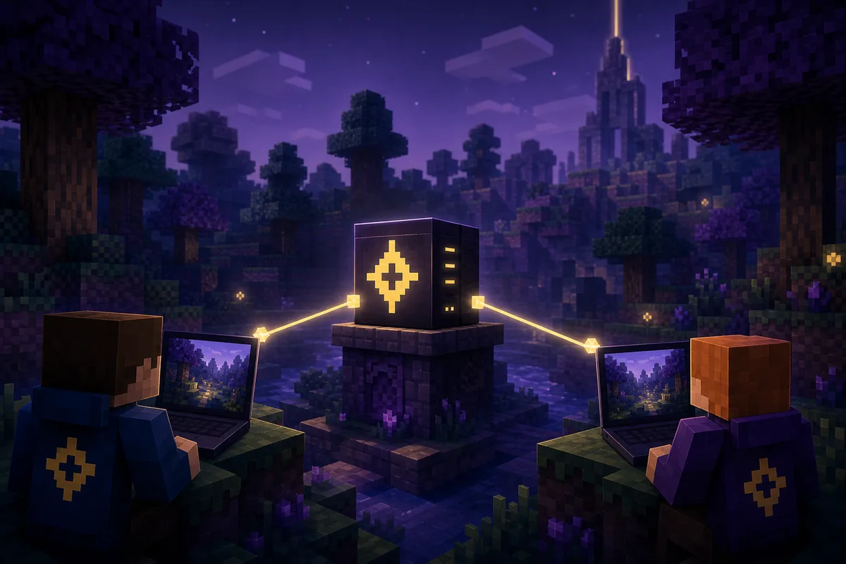 Illustration of two Minecraft players connected to a shared Verity server