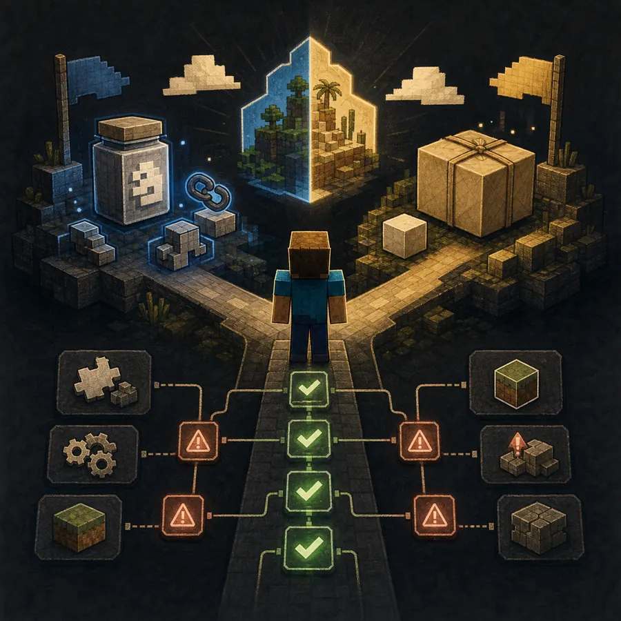 Editorial illustration of a Minecraft player choosing between Java and Bedrock troubleshooting paths
