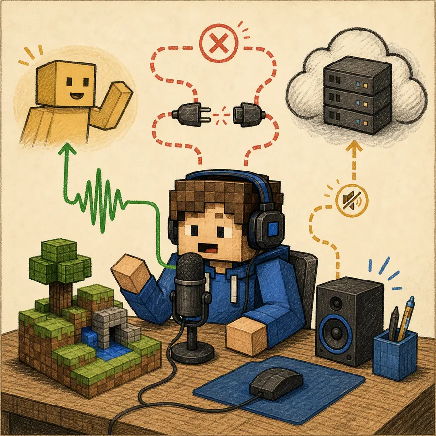 Editorial illustration comparing a healthy microphone path with broken voice and server connections