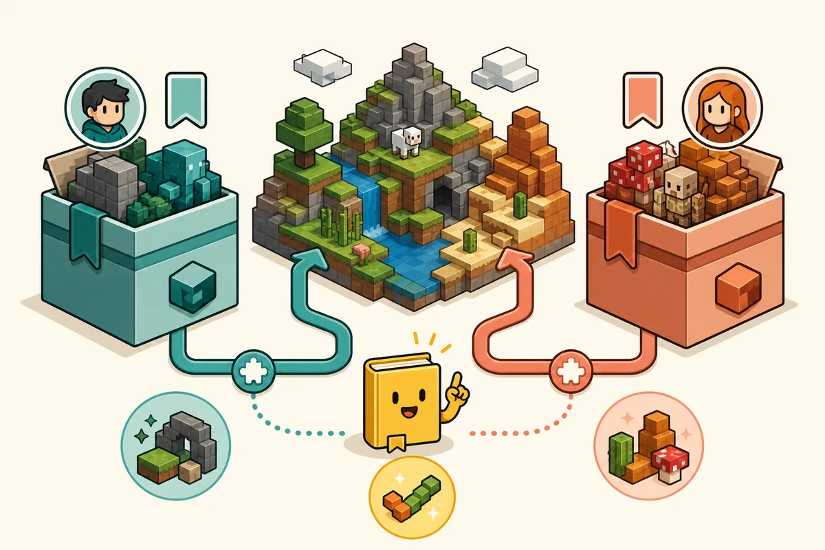Editorial comparison showing two separate Bedrock add-on projects connected to the same game world