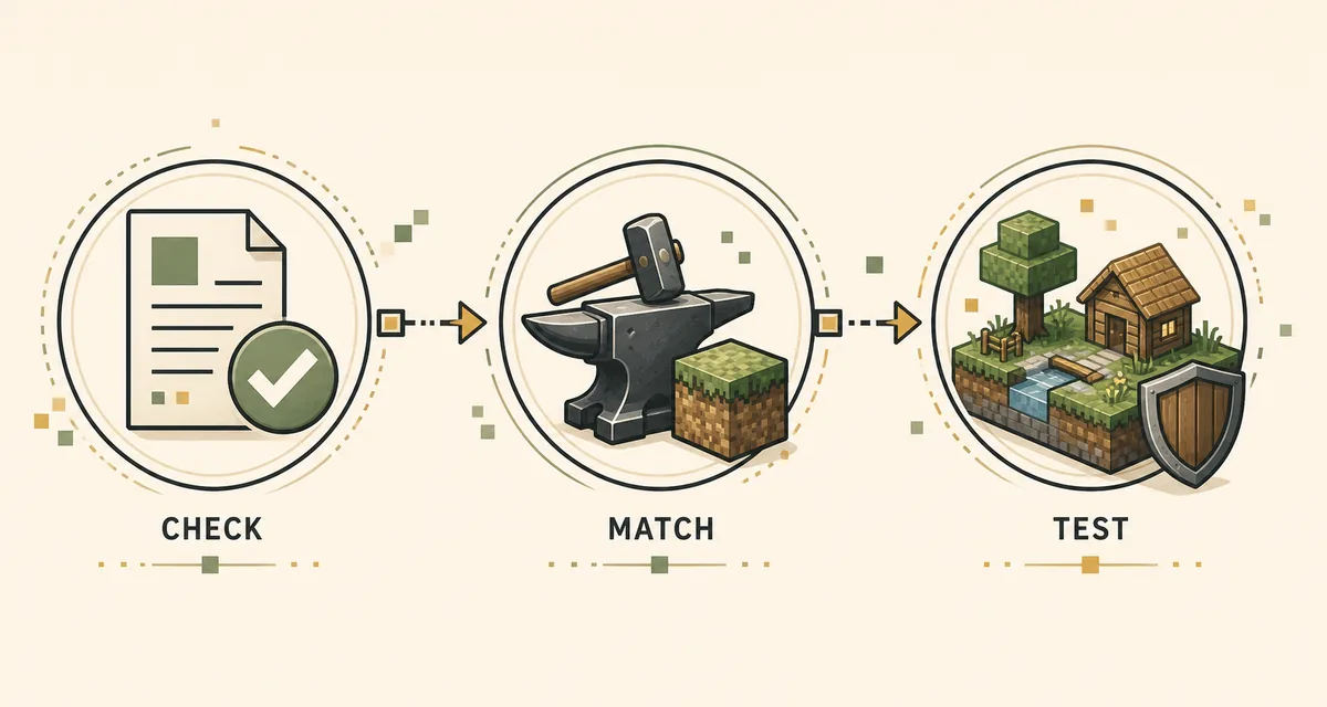 Editorial three-step compatibility timeline: check the source, match the stack and test safely
